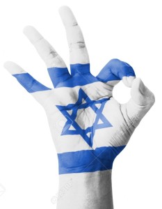 Hand making Ok sign, Israel flag painted as symbol of best quality, positivity and success - isolated on white background